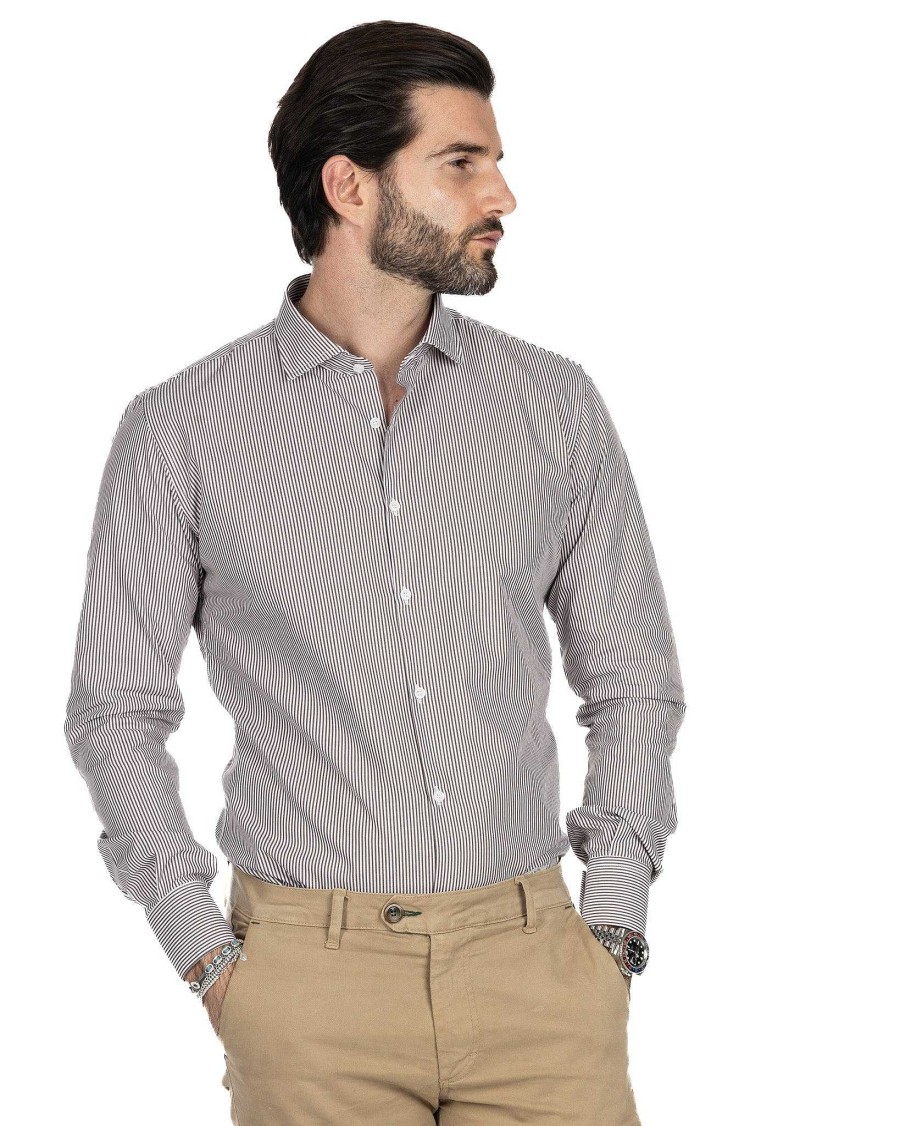 Abbigliamento SAVEONE Camicie | Camicia - Slim Fit Riga Stretta Marrone