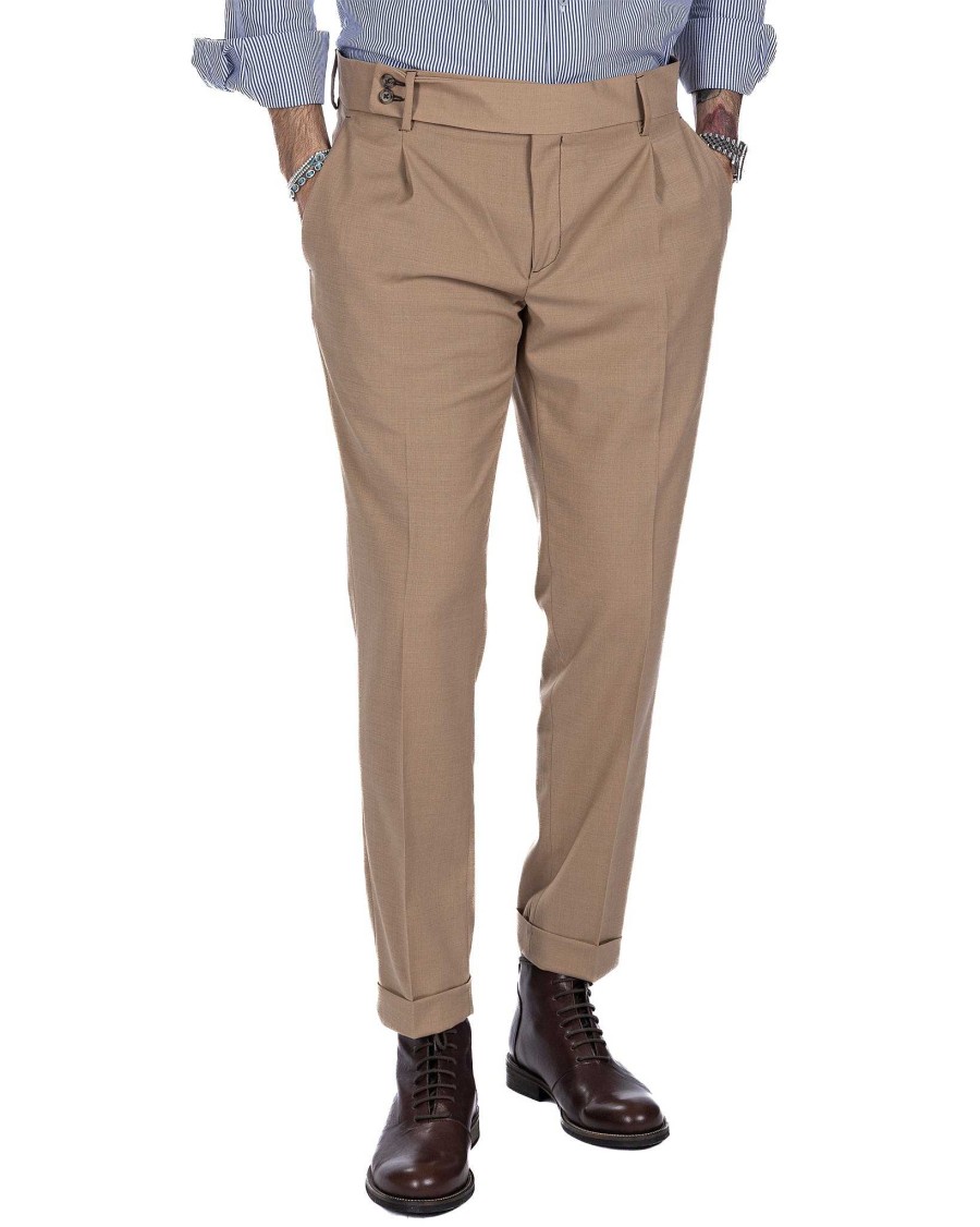 Abbigliamento SAVEONE Pantaloni | Italian - Pantalone Vita Alta Beige In Lana