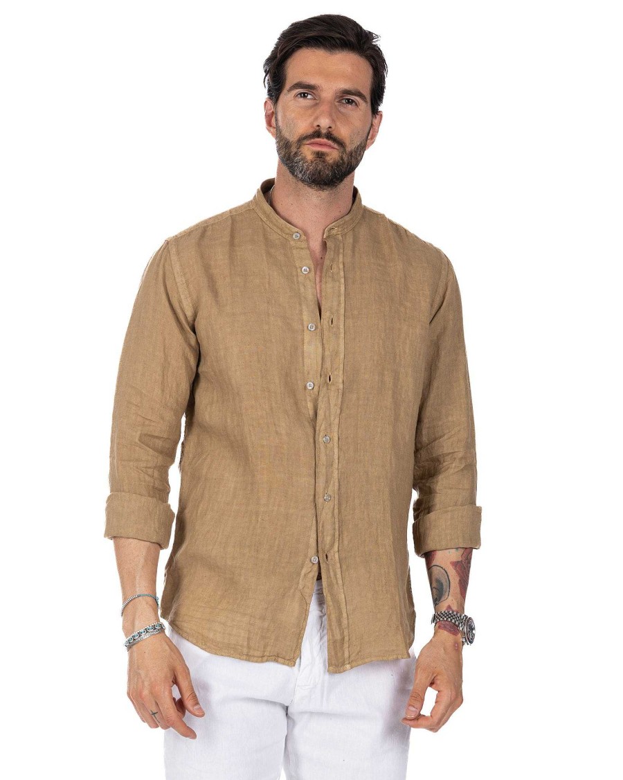 Abbigliamento SAVEONE Camicie | Nizza - Camicia Coreana In Puro Lino Beige