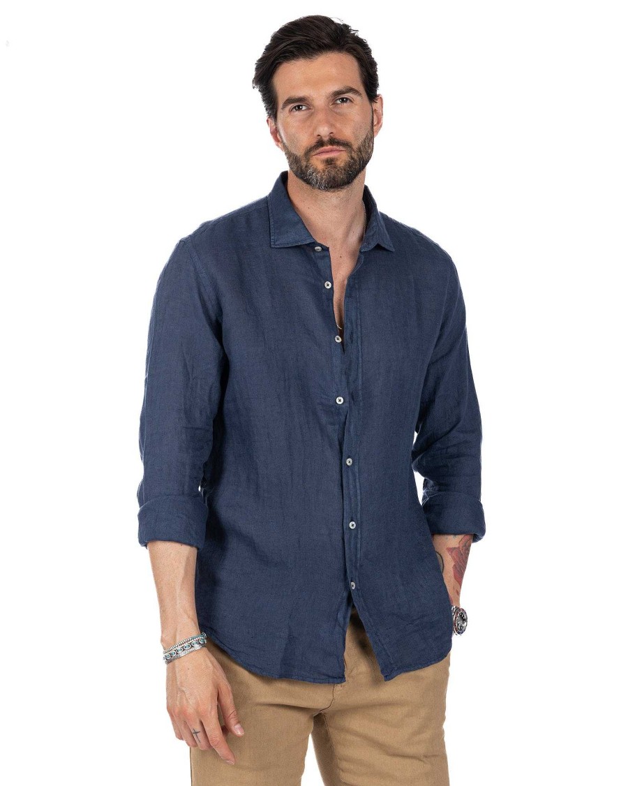 Abbigliamento SAVEONE Camicie | Montecarlo - Camicia In Puro Lino Blu