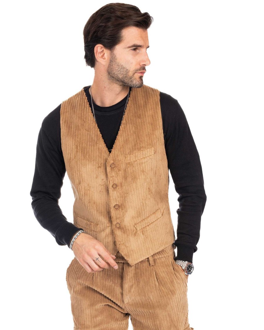 Abbigliamento SAVEONE Gilet | Rene - Gilet Cammello In Velluto