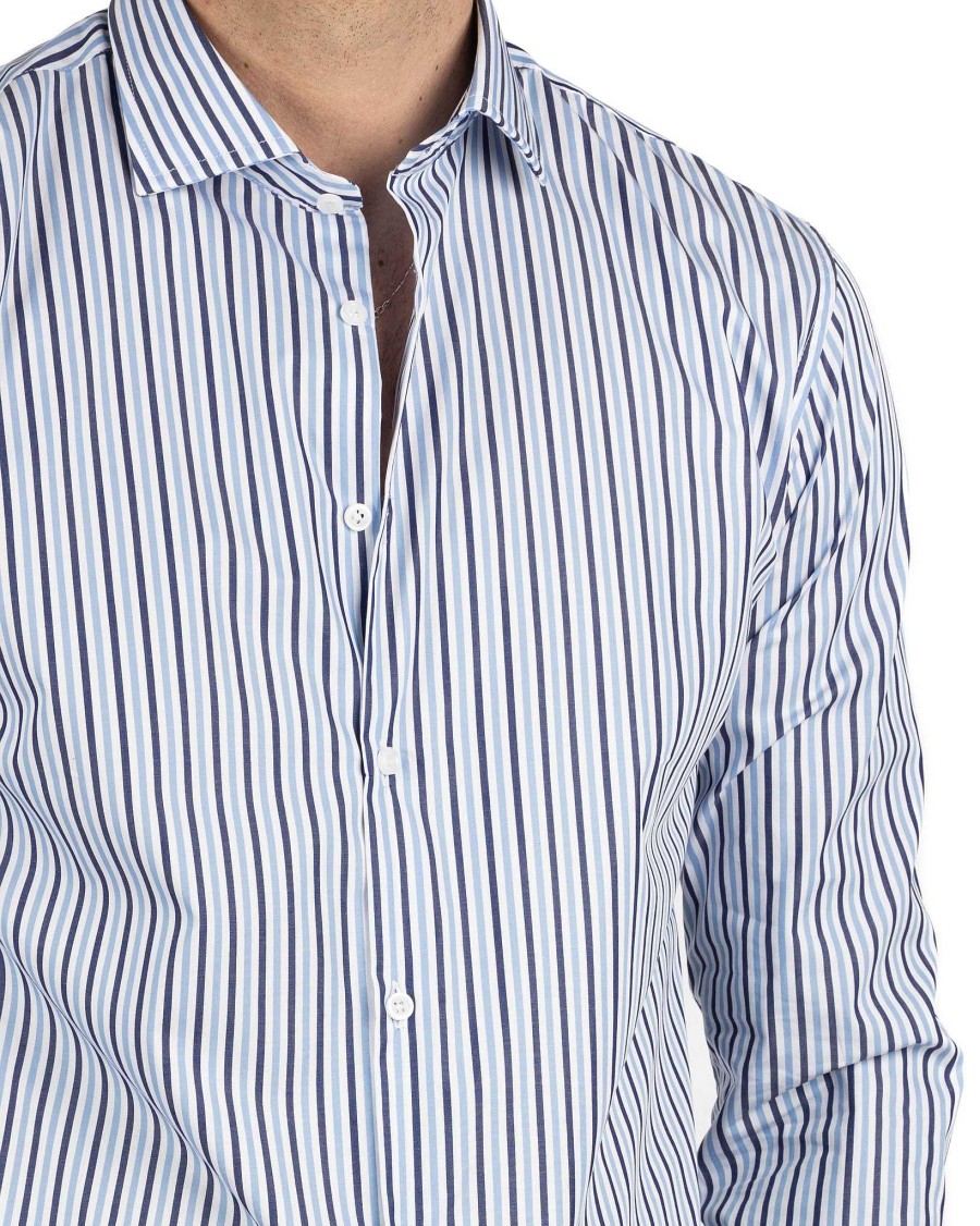 Abbigliamento SAVEONE Camicie | Camicia - Slim Fit Righe Azzurre E Blu