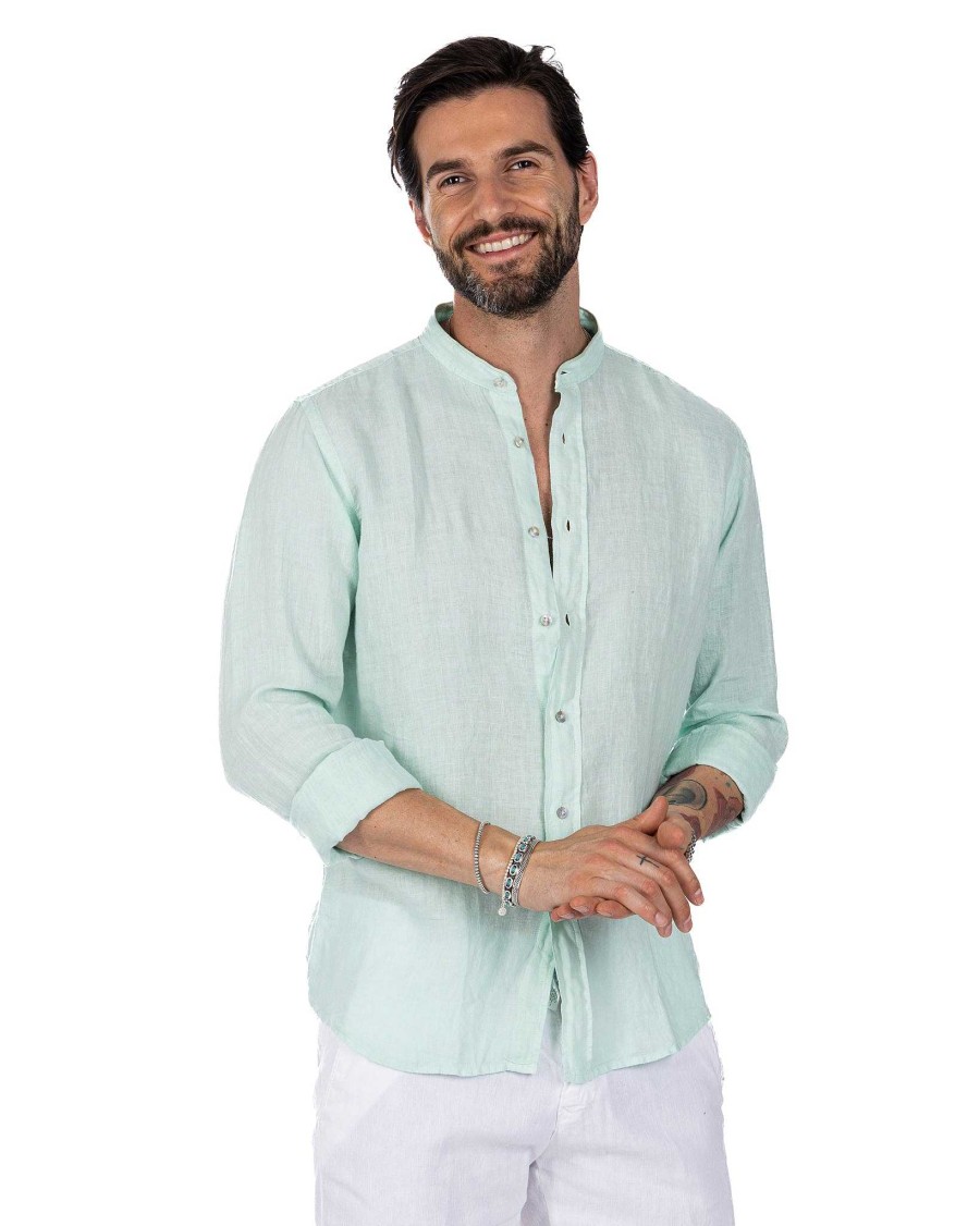 Abbigliamento SAVEONE Camicie | Nizza - Camicia Coreana In Puro Lino Verde Chiaro