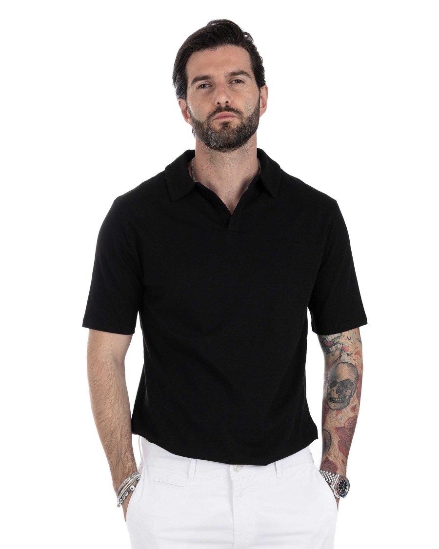 Abbigliamento SAVEONE Polo | Drew - Polo Nera Basic In Cotone