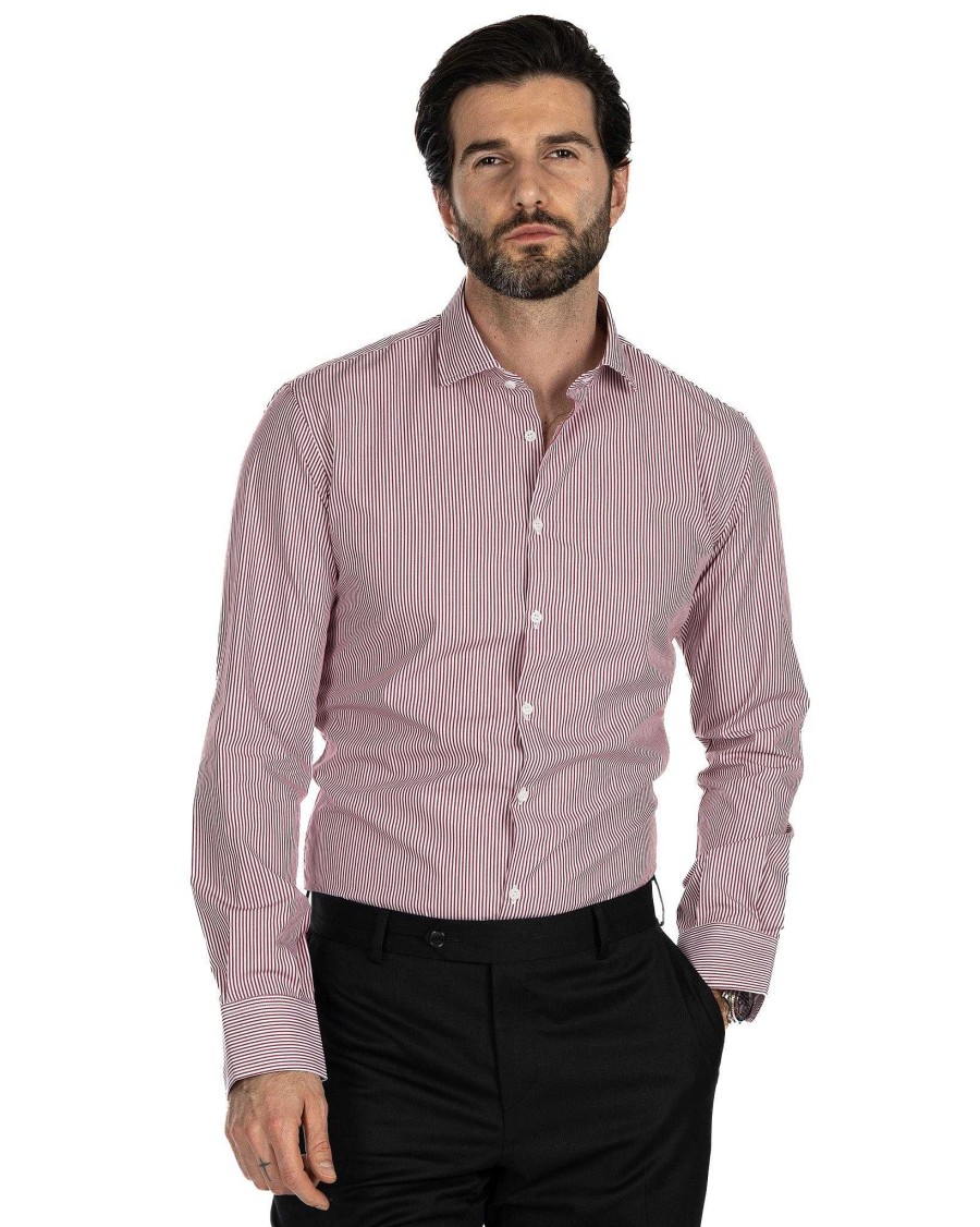 Abbigliamento SAVEONE Camicie | Camicia - Slim Fit Riga Stretta Bordeaux