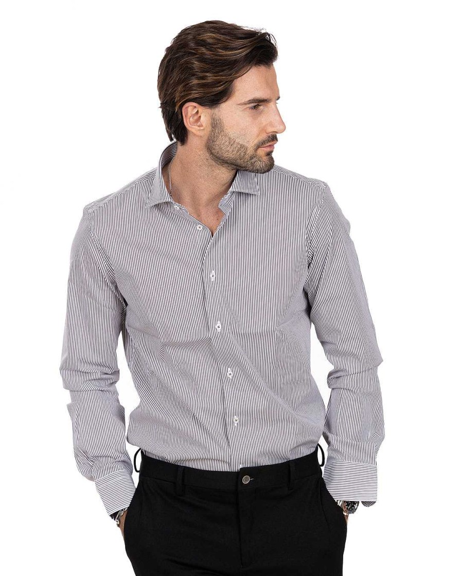 Abbigliamento SAVEONE Camicie | Camicia - Basic Classica Riga Stretta Nera In Cotone