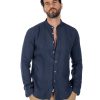 Abbigliamento SAVEONE Camicie | Nizza - Camicia Coreana In Puro Lino Blu