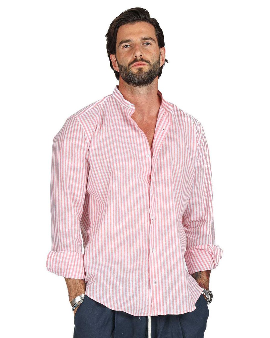 Abbigliamento SAVEONE Camicie | Ischia - Camicia Coreana Righe Strette Rosa In Lino