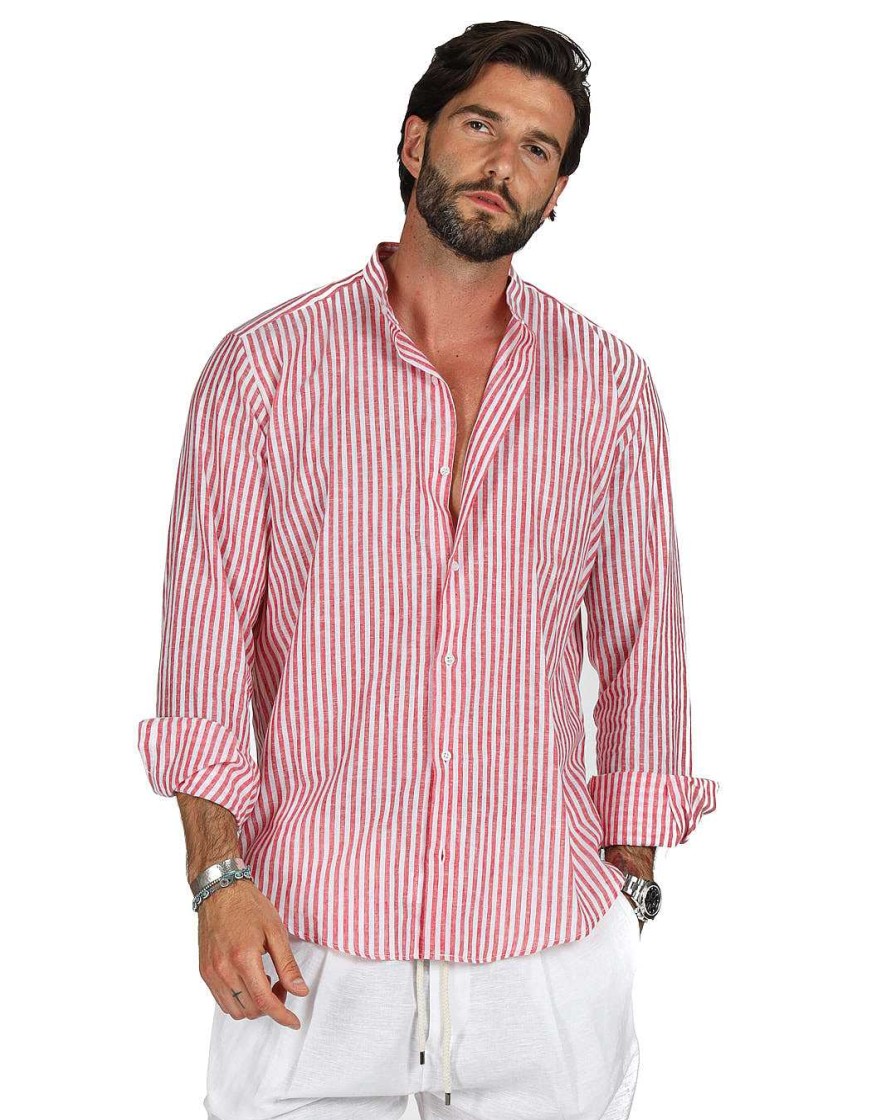 Abbigliamento SAVEONE Camicie | Ischia - Camicia Coreana Righe Strette Rossa In Lino