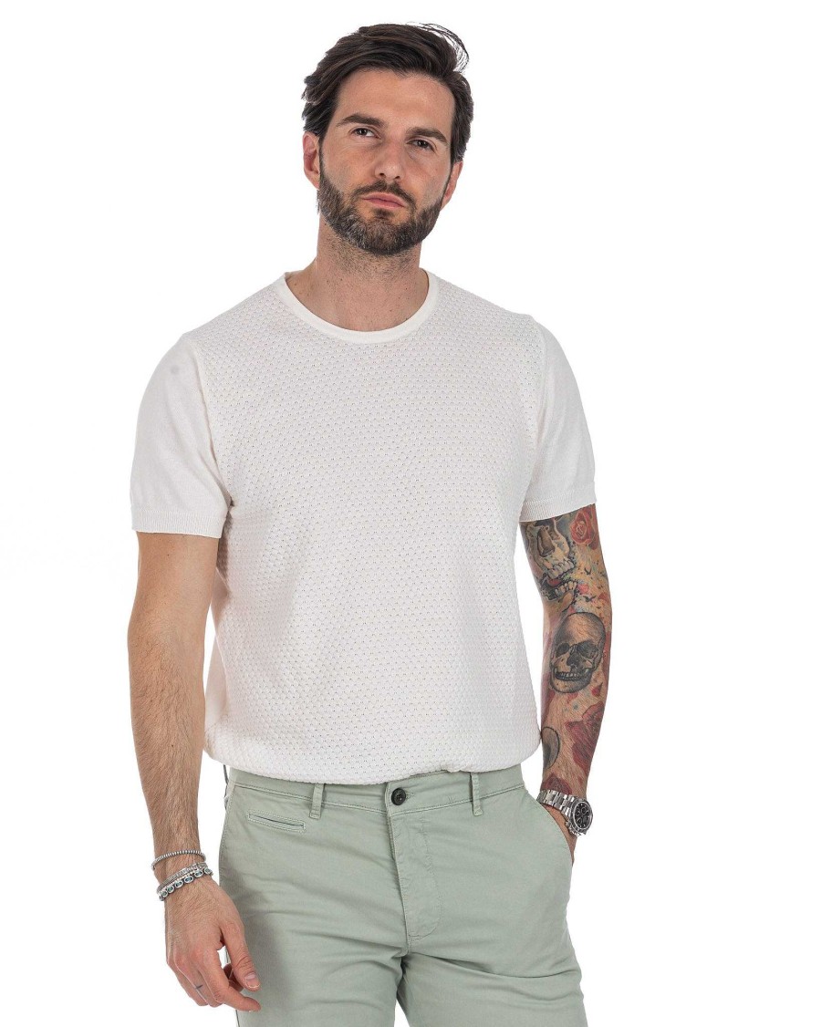 Abbigliamento SAVEONE T-Shirts | Carlos - T-Shirt Tramata In Maglia Panna