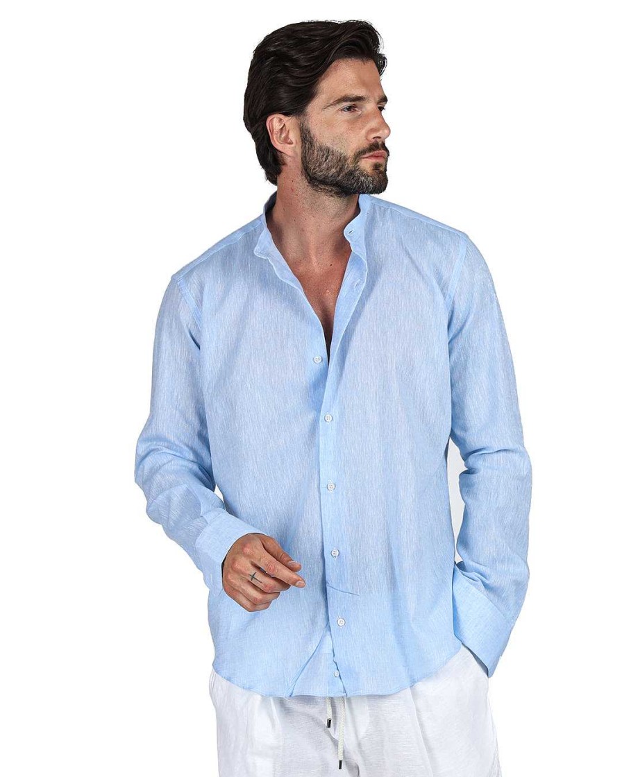 Abbigliamento SAVEONE Camicie | Positano - Camicia Coreana Azzurra In Lino