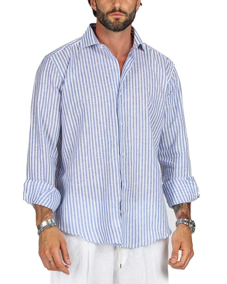 Abbigliamento SAVEONE Camicie | Ischia - Camicia Classica Righe Strette Azzurre In Lino