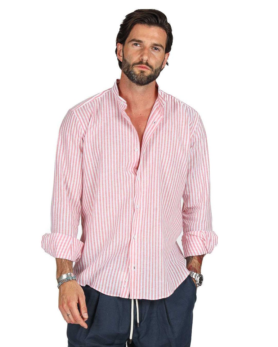 Abbigliamento SAVEONE Camicie | Ischia - Camicia Coreana Righe Strette Rosa In Lino