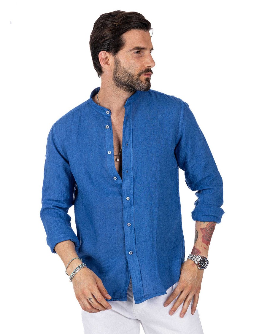 Abbigliamento SAVEONE Camicie | Nizza - Camicia Coreana In Puro Lino Royal