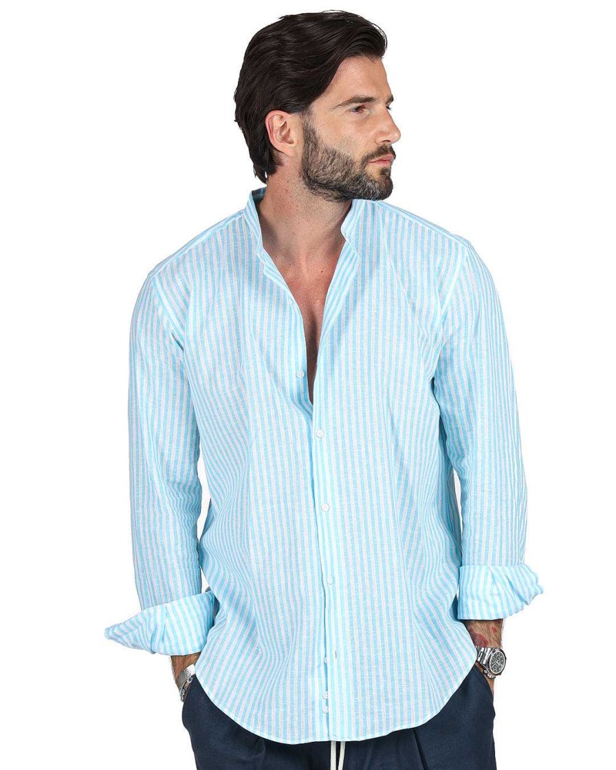 Abbigliamento SAVEONE Camicie | Ischia - Camicia Coreana Righe Strette Turchese In Lino