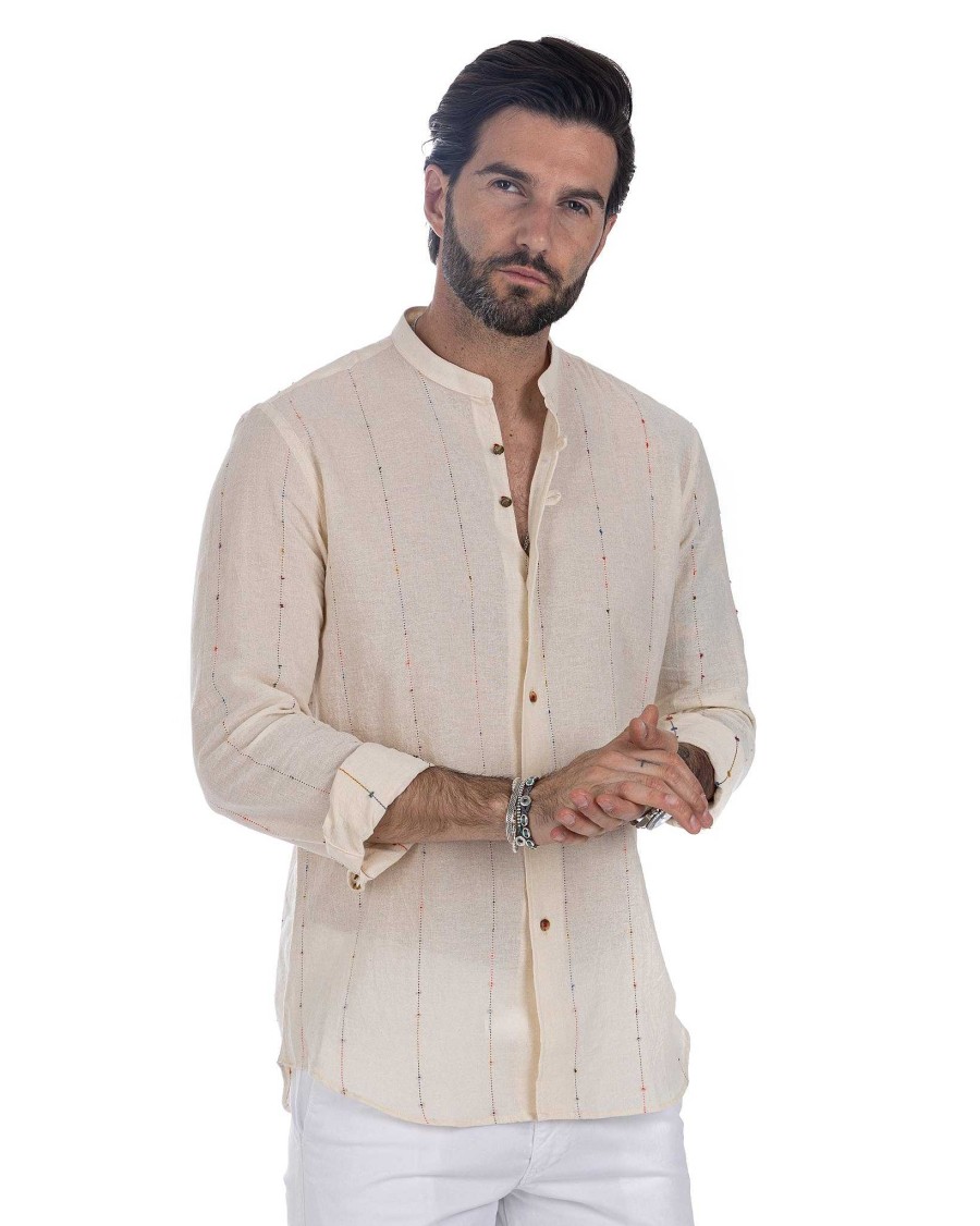 Abbigliamento SAVEONE Camicie | Iride - Camicia Coreana Con Righe In Rilievo Beige