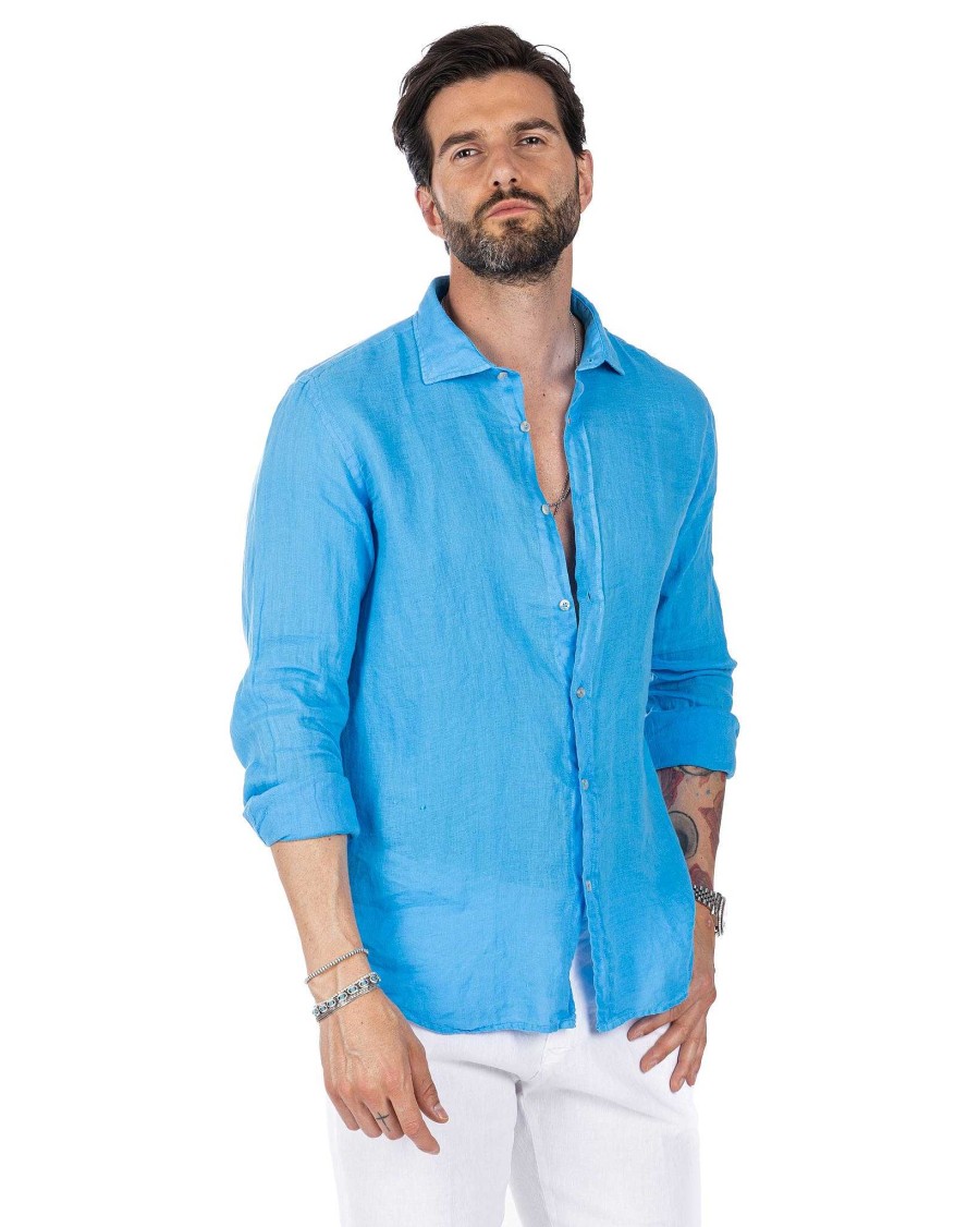 Abbigliamento SAVEONE Camicie | Montecarlo - Camicia In Puro Lino Turchese