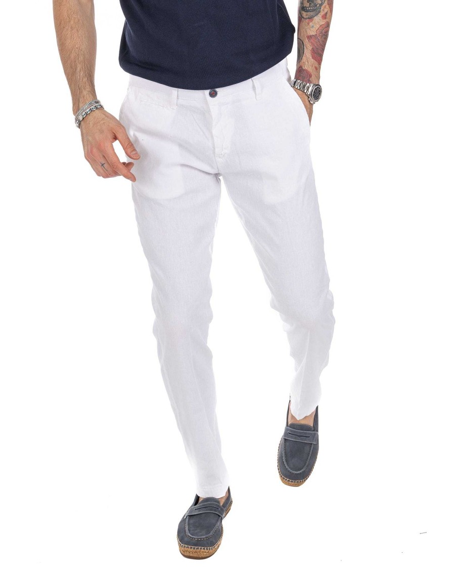 Abbigliamento SAVEONE Pantaloni | Didier - Pantalone Bianco In Lino Stretch