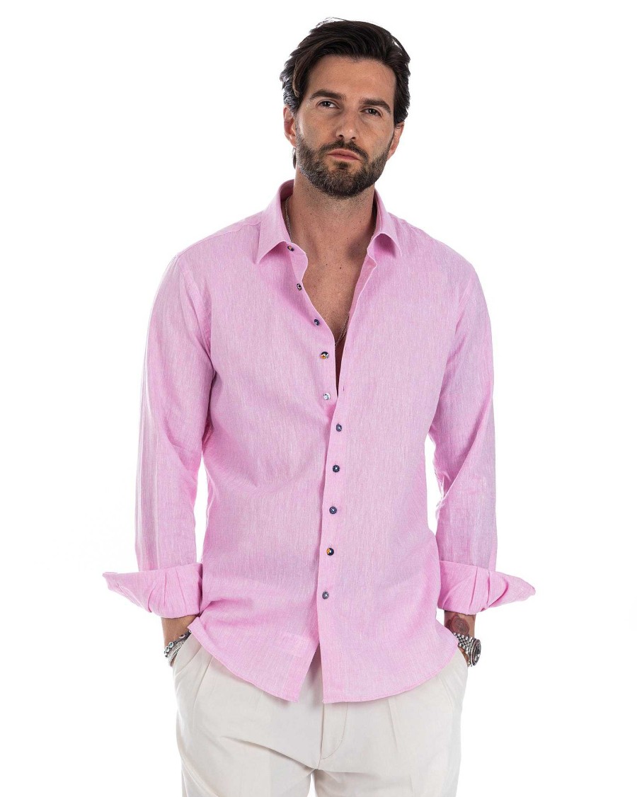 Abbigliamento SAVEONE Camicie | Praiano - Camicia Francese In Lino Rosa