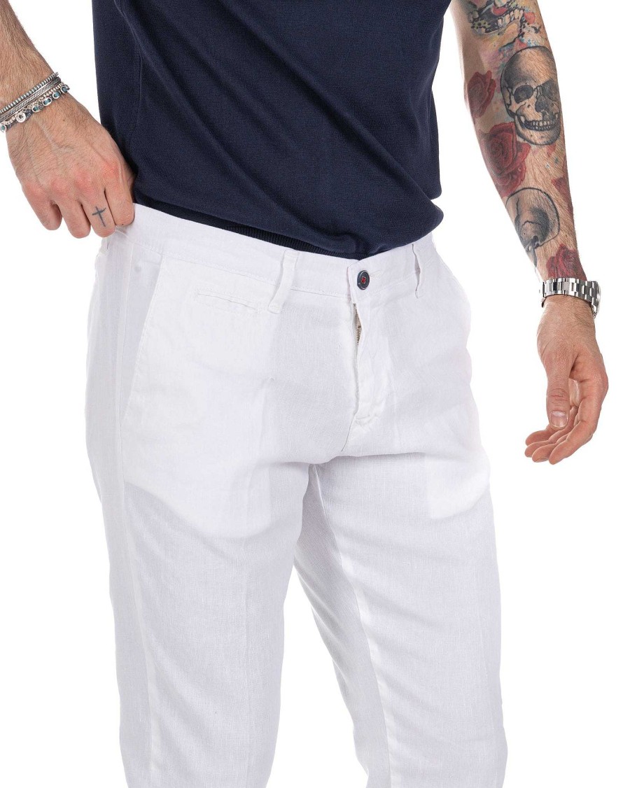 Abbigliamento SAVEONE Pantaloni | Didier - Pantalone Bianco In Lino Stretch