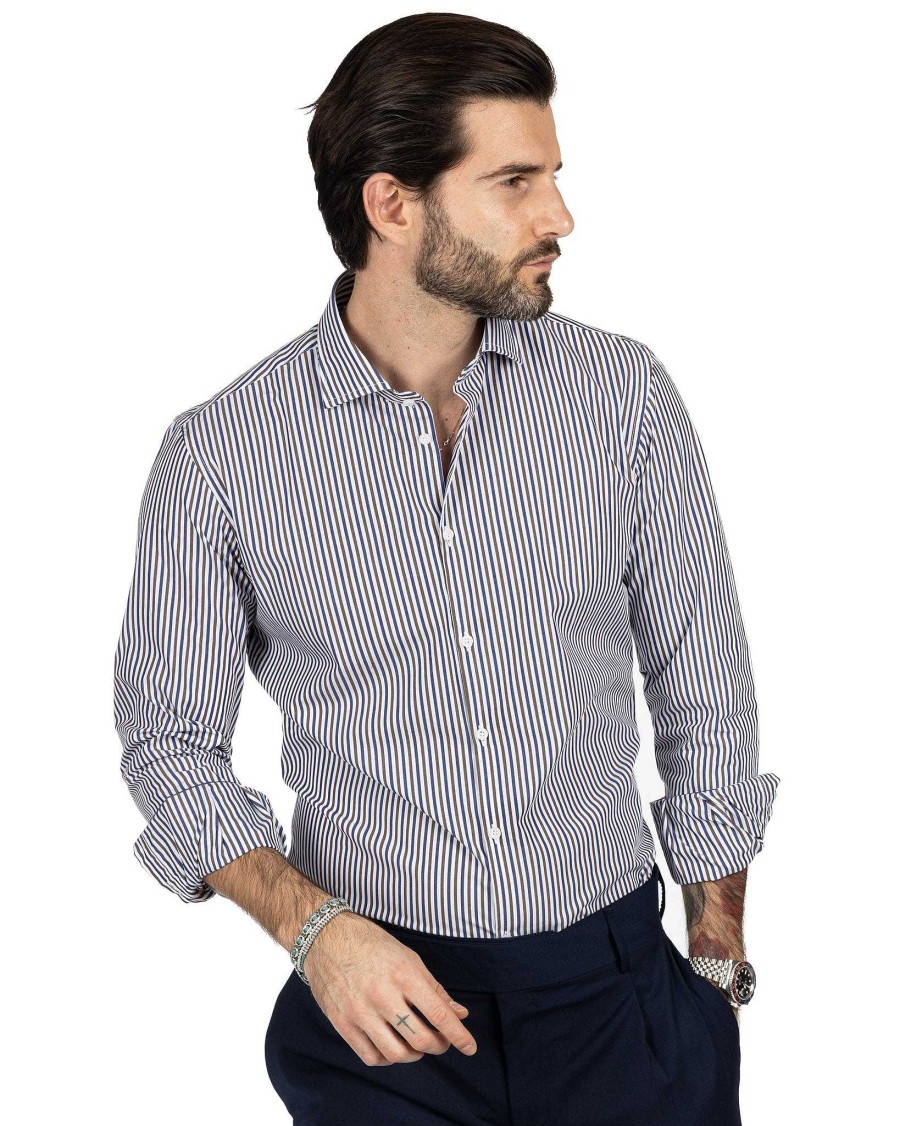 Abbigliamento SAVEONE Camicie | Camicia - Slim Fit Righe Marrone E Blu