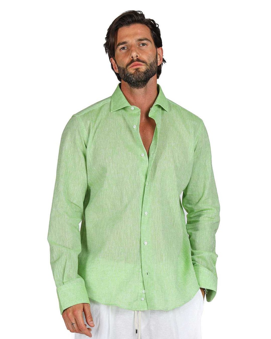 Abbigliamento SAVEONE Camicie | Praiano - Camicia Classica Verde Mela In Lino