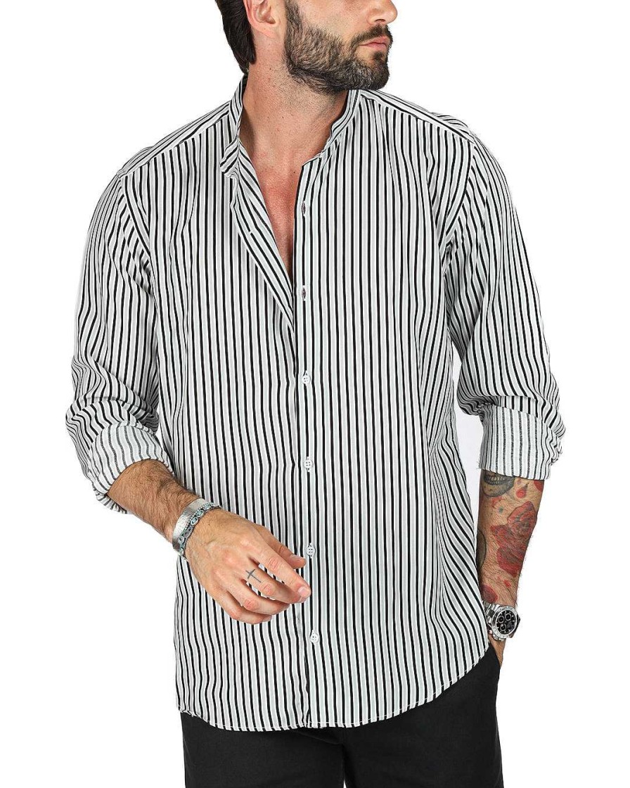 Abbigliamento SAVEONE Camicie | Grenada - Camicia Coreana Fantasia A Righe Grigia