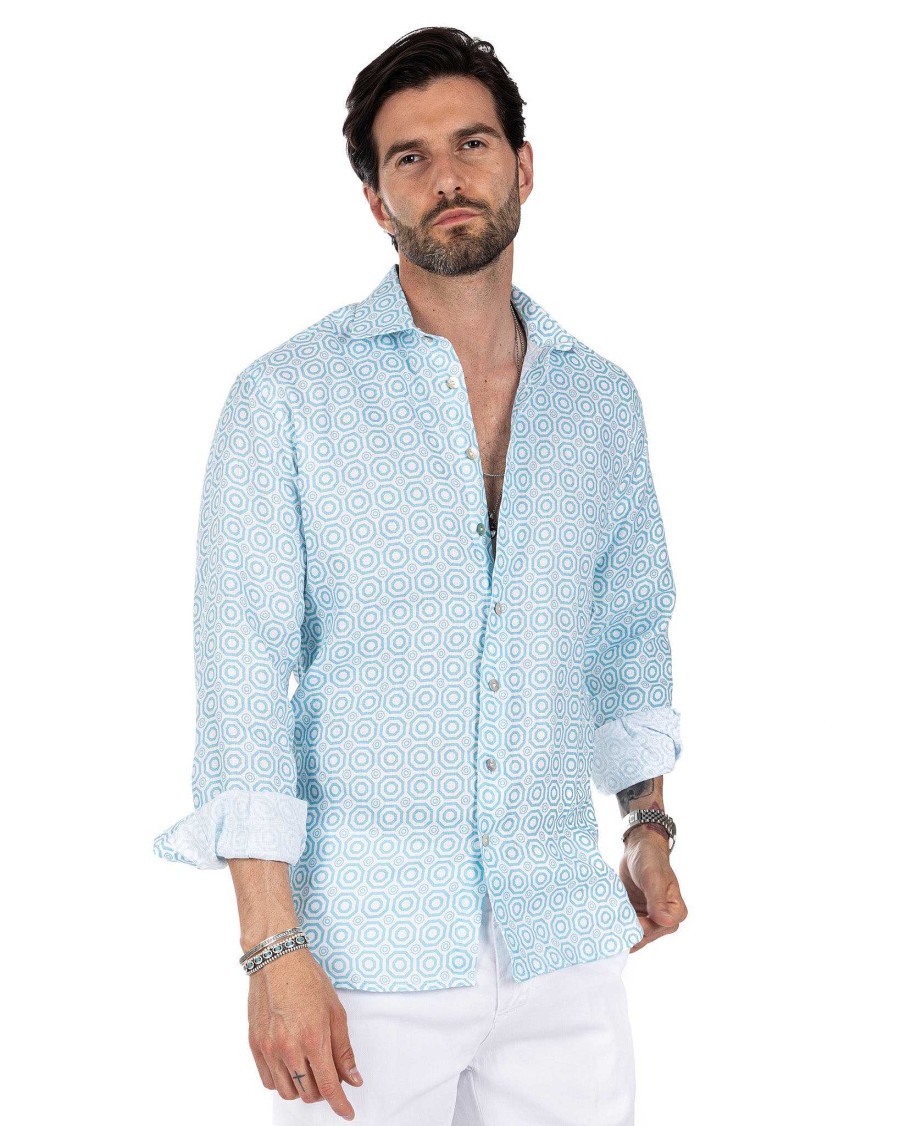 Abbigliamento SAVEONE Camicie | Maiolica - Camicia Stampata Celeste In Lino