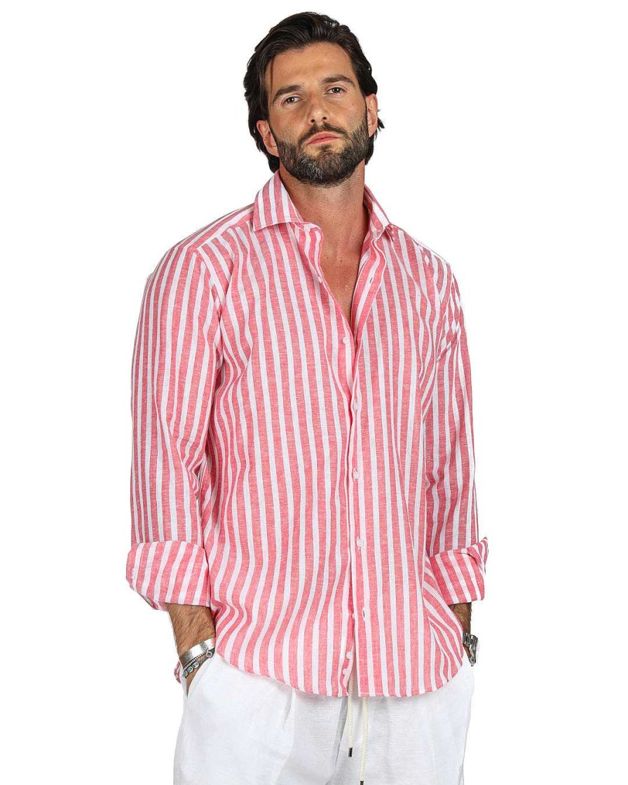 Abbigliamento SAVEONE Camicie | Procida - Camicia Classica A Righe Larghe Rosse In Lino