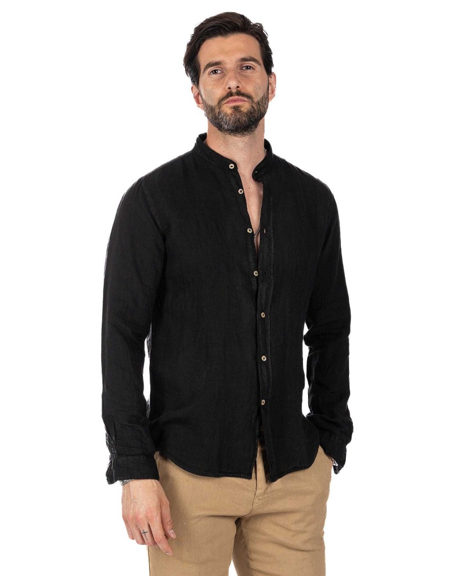 Abbigliamento SAVEONE Camicie | Nizza - Camicia Coreana In Puro Lino Nero