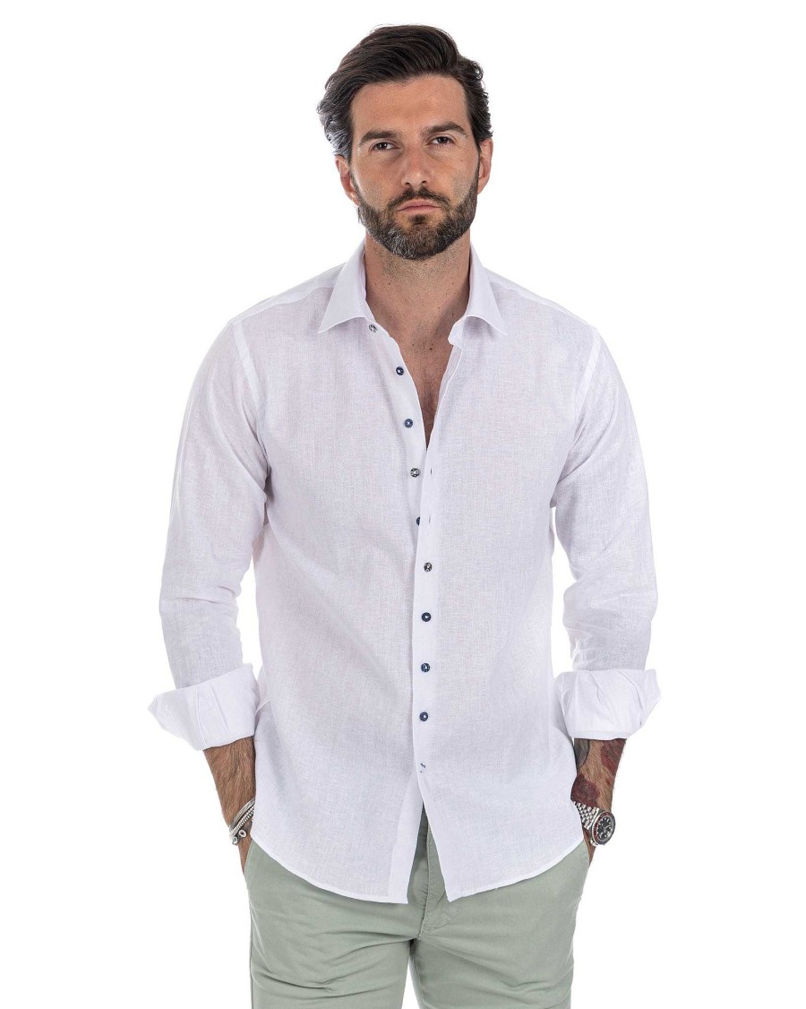 Abbigliamento SAVEONE Camicie | Praiano - Camicia Francese In Lino Bianco