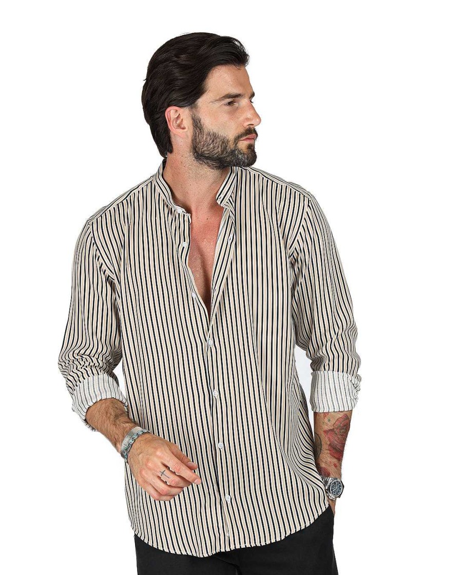 Abbigliamento SAVEONE Camicie | Barbuda - Camicia Coreana Fantasia A Righe Beige