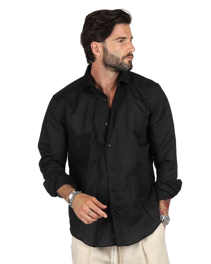 Abbigliamento SAVEONE Camicie | Praiano - Camicia Classica Nera In Lino