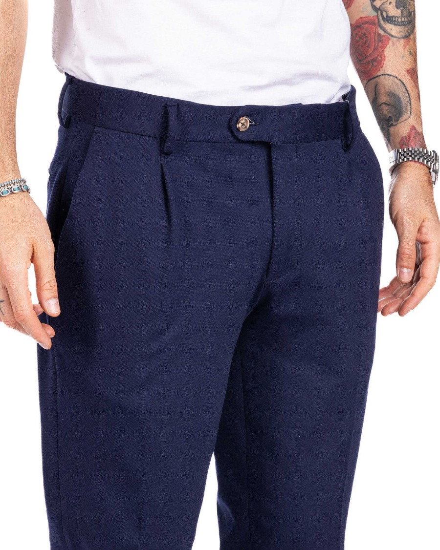 Abbigliamento SAVEONE Pantaloni | Firenze - Pantalone Con Una Pince Blu In Punto Milano