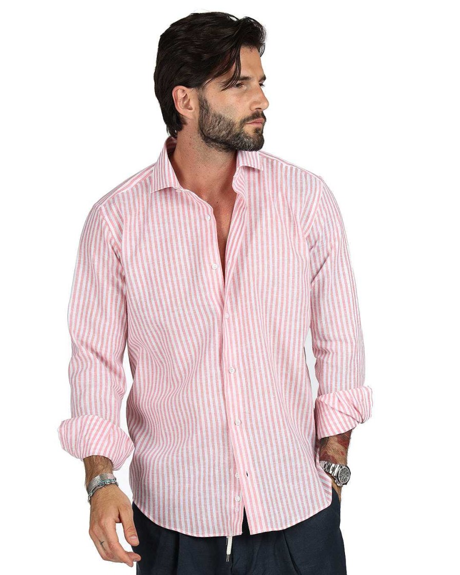 Abbigliamento SAVEONE Camicie | Ischia - Camicia Classica Righe Strette Rosa In Lino