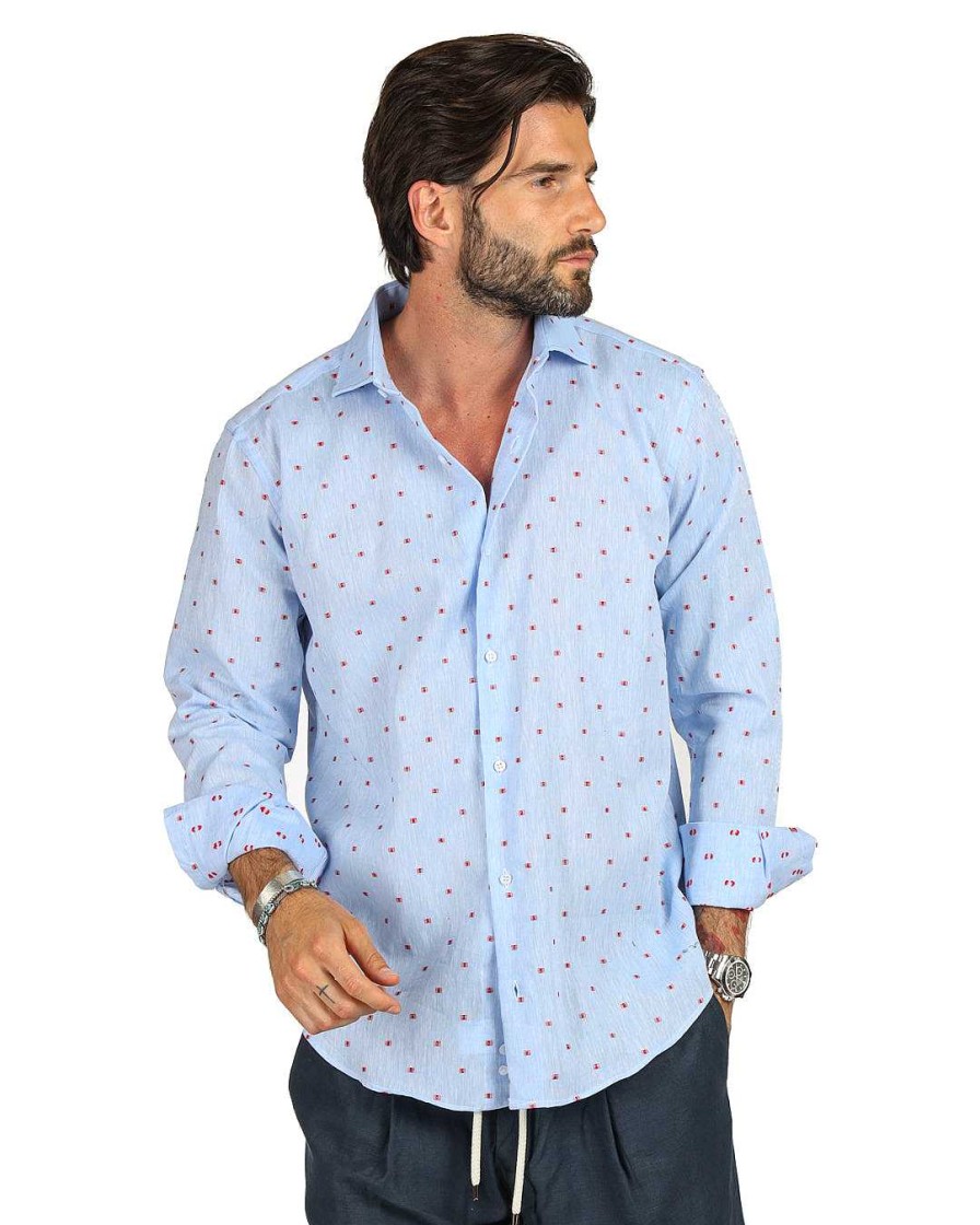 Abbigliamento SAVEONE Camicie | Salina - Camicia Classica Celeste Con Ricami Rossi In Lino