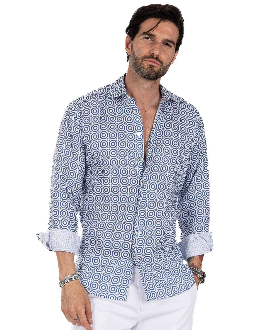 Abbigliamento SAVEONE Camicie | Maiolica - Camicia Stampata Blu In Lino