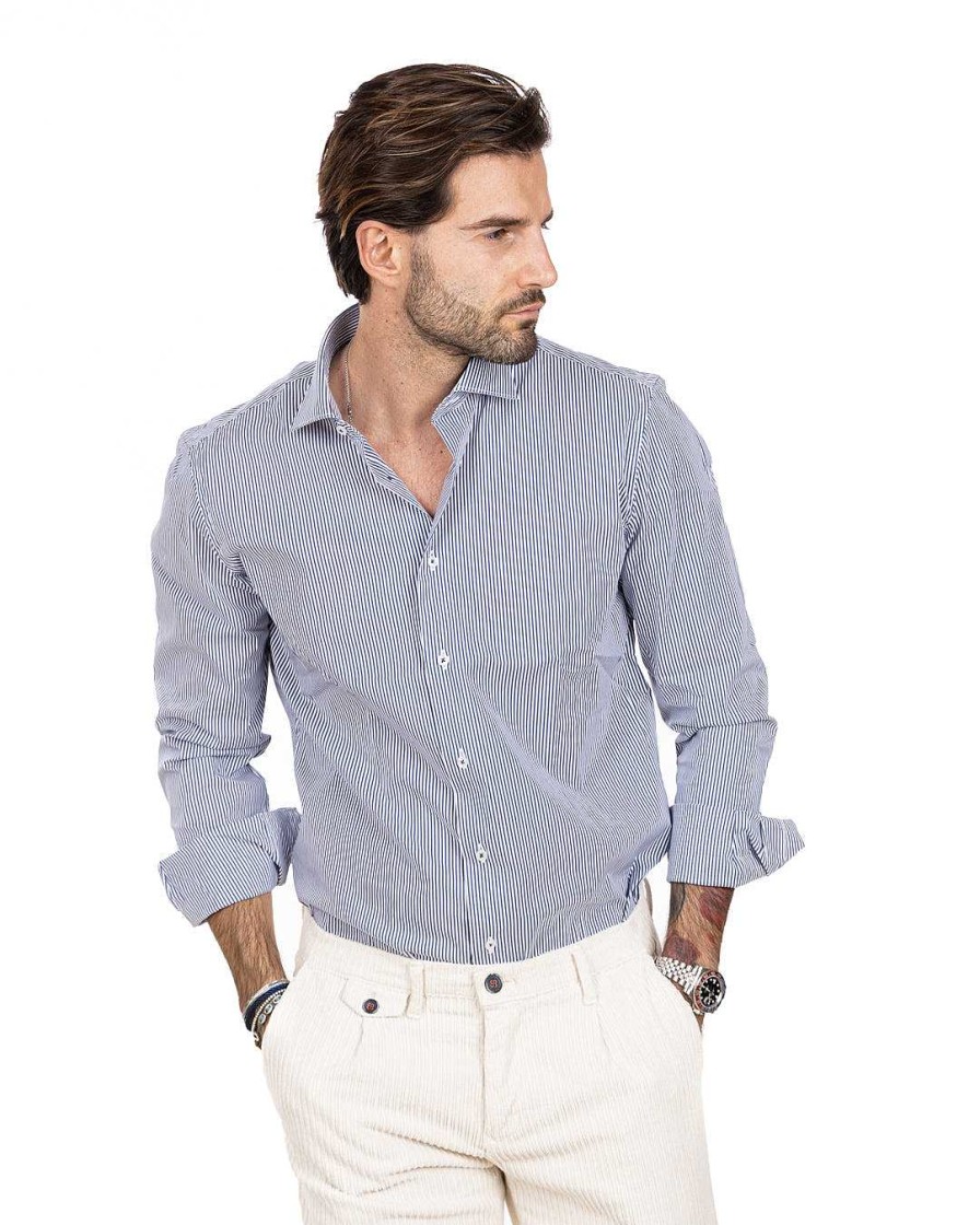 Abbigliamento SAVEONE Camicie | Camicia - Basic Classica Riga Stretta Azzurra In Cotone