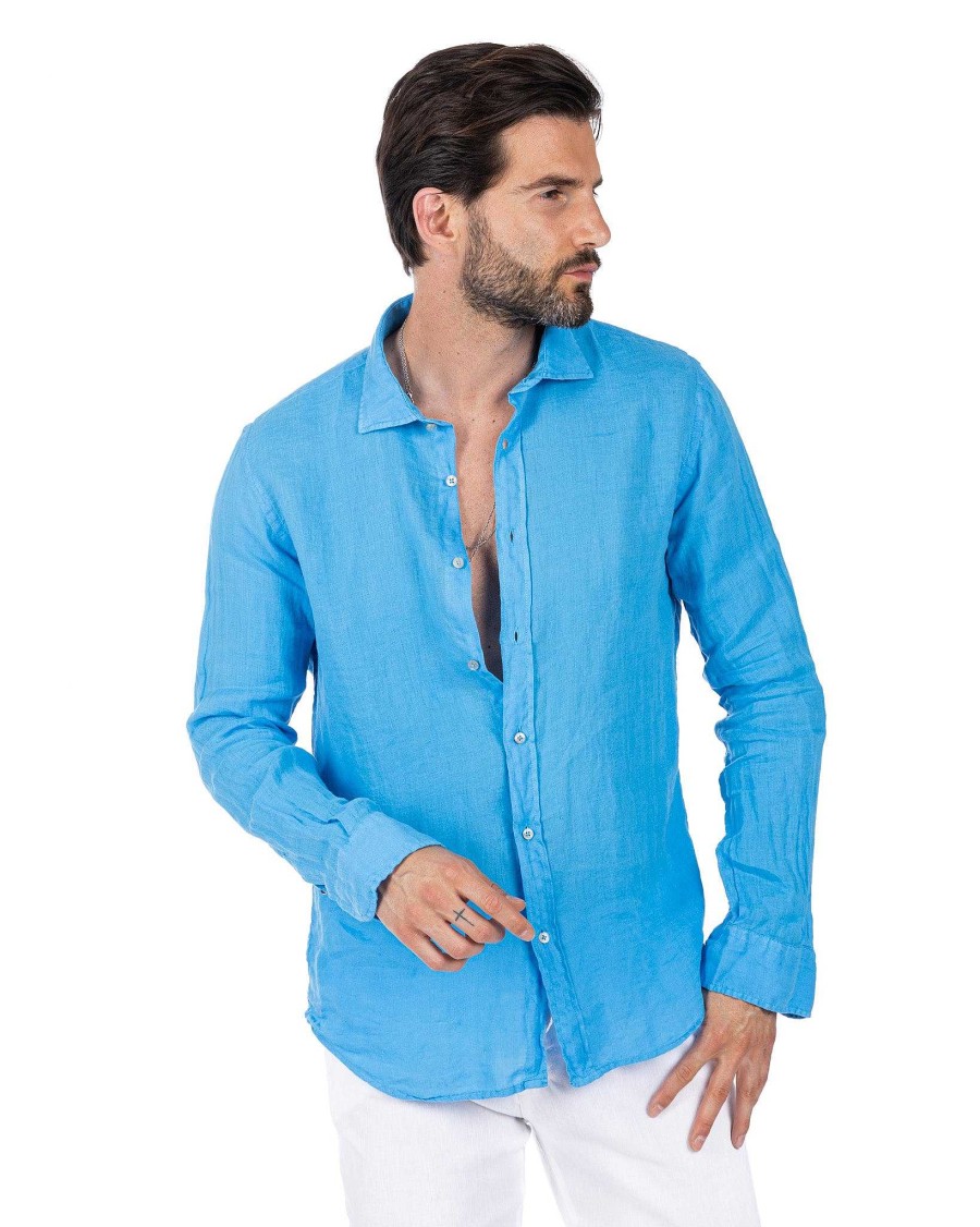 Abbigliamento SAVEONE Camicie | Montecarlo - Camicia In Puro Lino Turchese