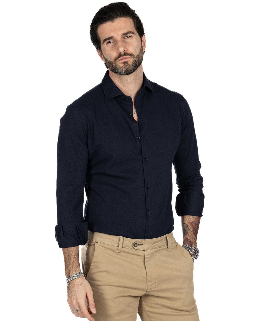 Abbigliamento SAVEONE Camicie | Camicia - Slim Fit Blu Navy In Jersey