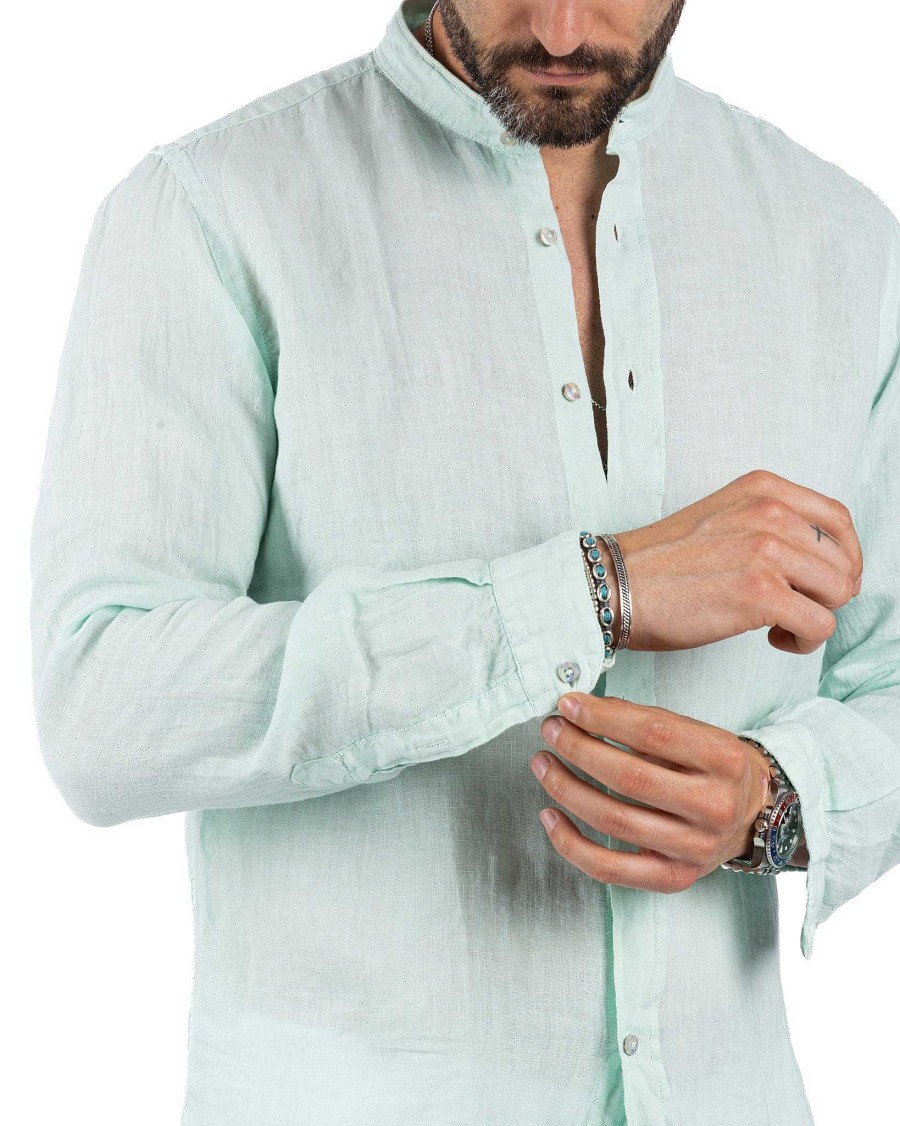 Abbigliamento SAVEONE Camicie | Nizza - Camicia Coreana In Puro Lino Verde Chiaro