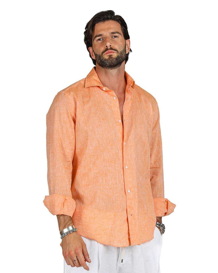 Abbigliamento SAVEONE Camicie | Praiano - Camicia Classica Arancione In Lino