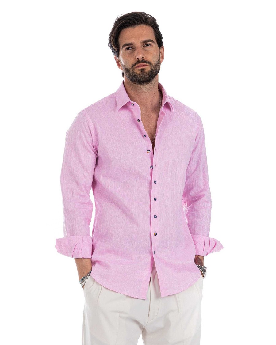 Abbigliamento SAVEONE Camicie | Praiano - Camicia Francese In Lino Rosa