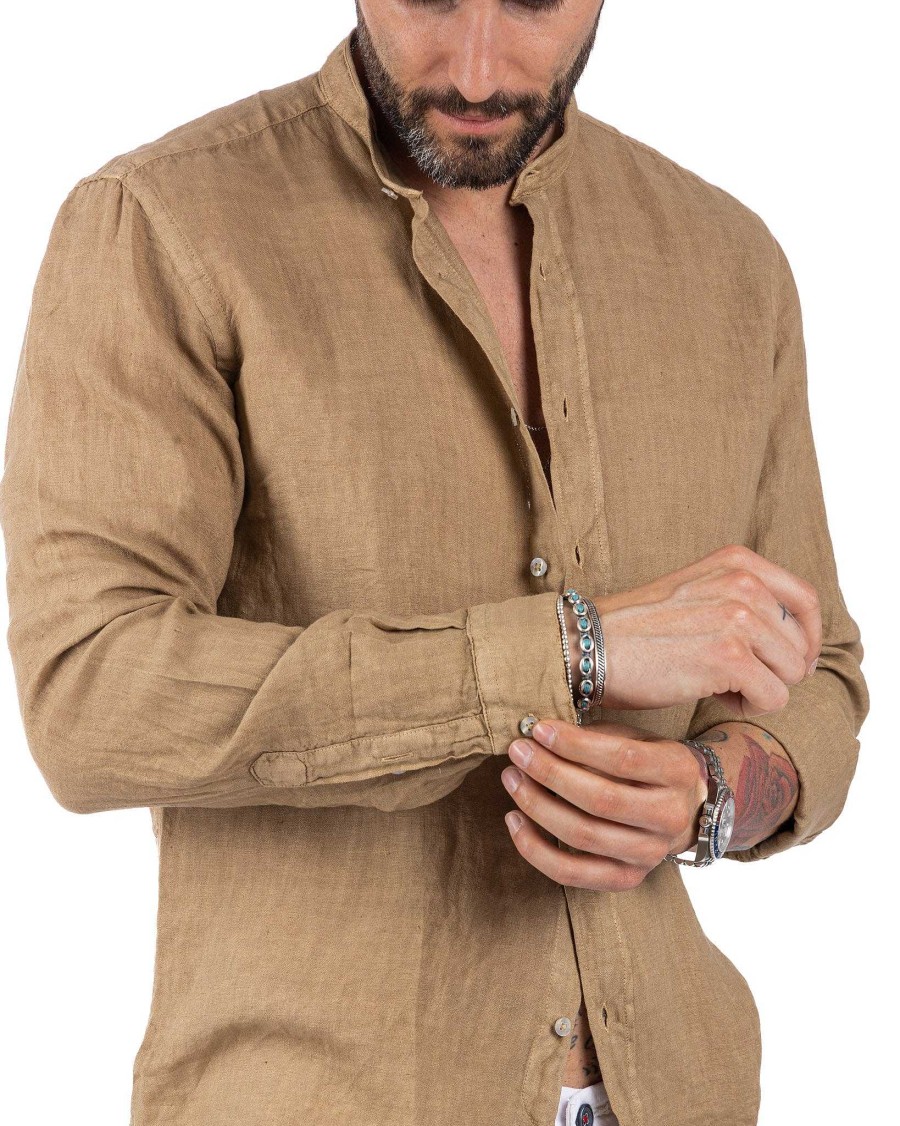 Abbigliamento SAVEONE Camicie | Nizza - Camicia Coreana In Puro Lino Beige