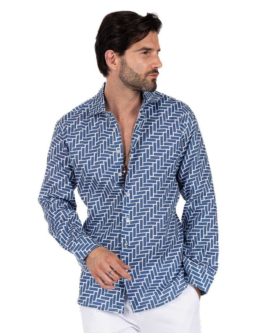 Abbigliamento SAVEONE Camicie | Riggiola - Camicia Stampata Blu In Lino