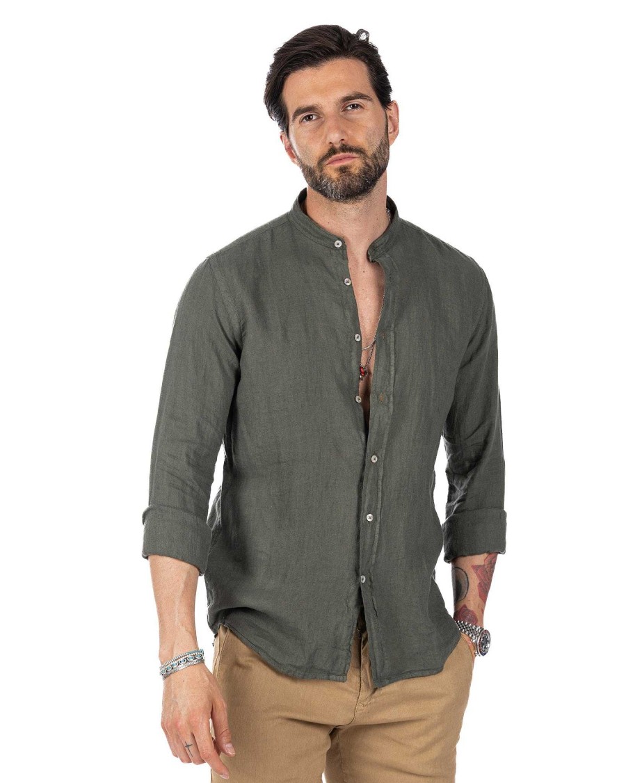 Abbigliamento SAVEONE Camicie | Nizza - Camicia Coreana In Puro Lino Militare