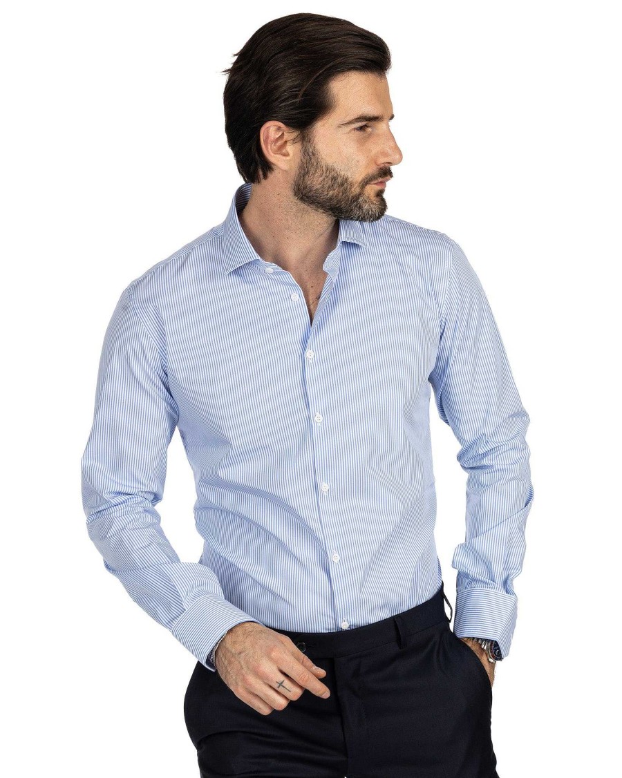 Abbigliamento SAVEONE Camicie | Camicia - Slim Fit Riga Stretta Celeste