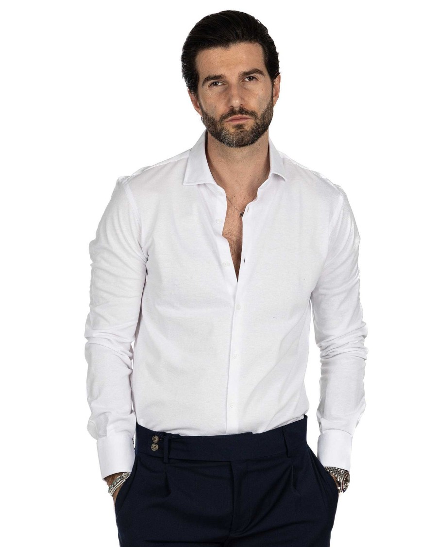 Abbigliamento SAVEONE Camicie | Camicia - Slim Fit Bianca In Jersey