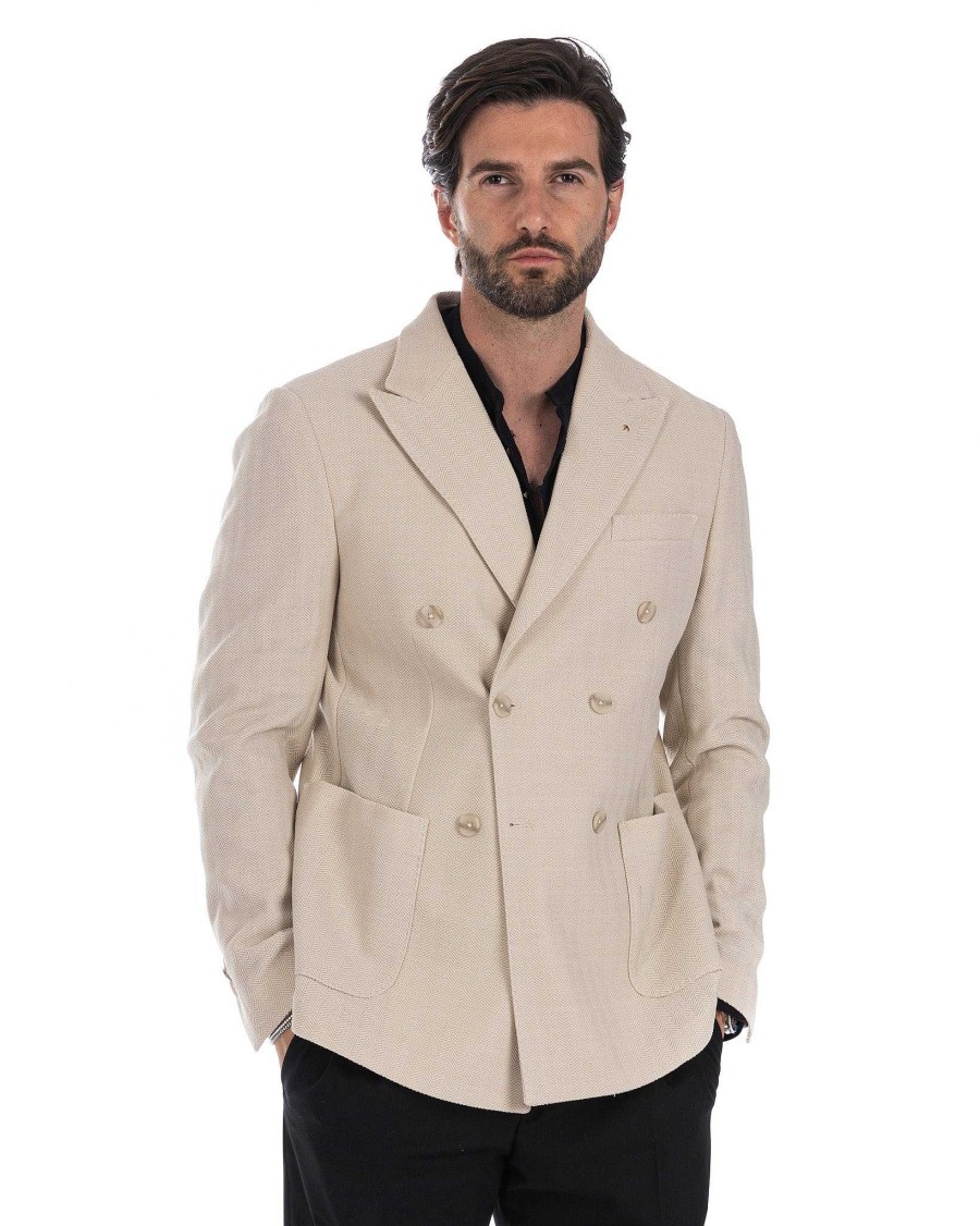 Abbigliamento SAVEONE Blazer E Giacche | Modica - Giacca Doppiopetto Solaro Beige