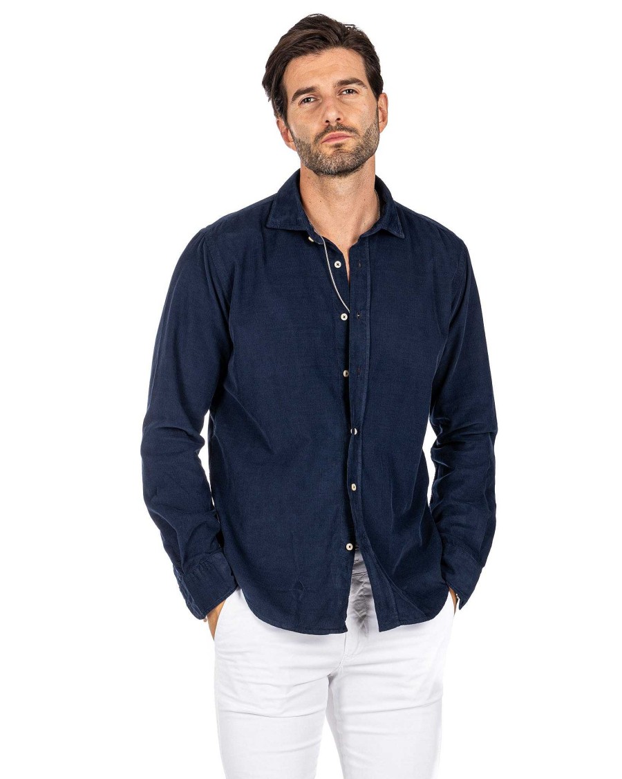 Abbigliamento SAVEONE Camicie | Vega - Camicia Blu In Velluto Mille Righe